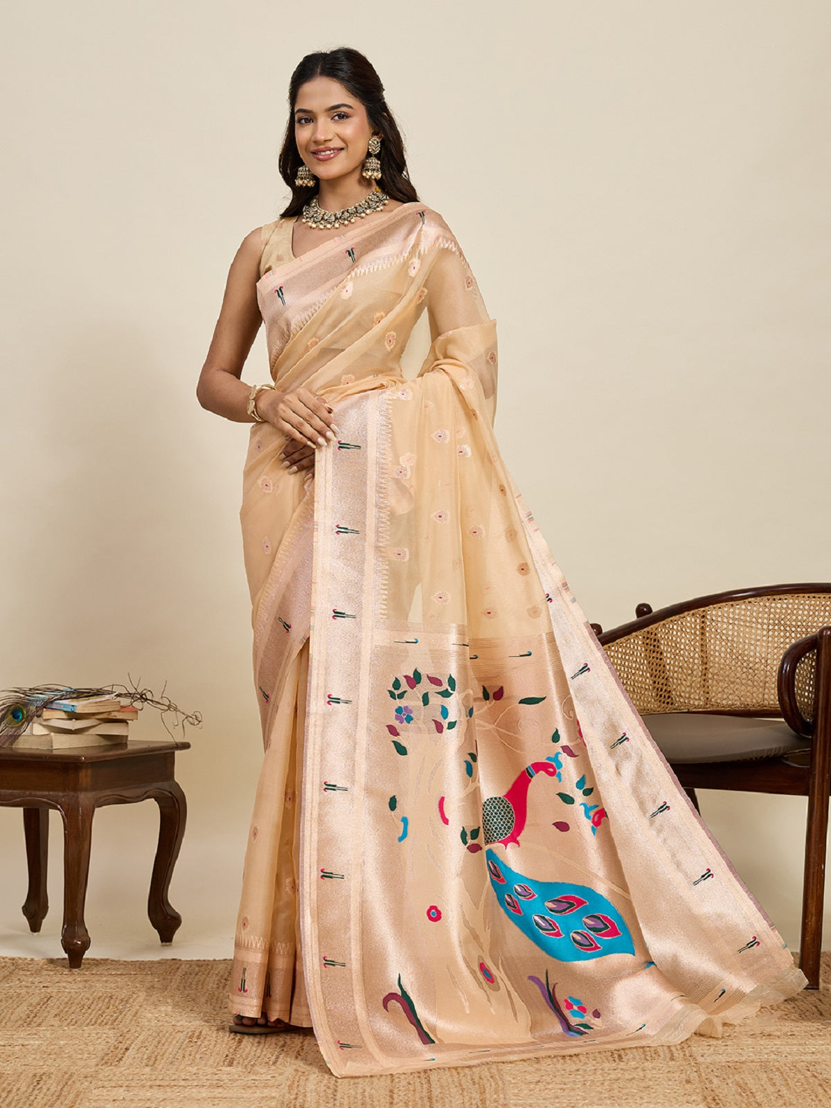 Dwija Fashion Ivory Wedding Wear Paithani Silk Jari Weaving On All Over Saree With Unstitched Blouse - Dista