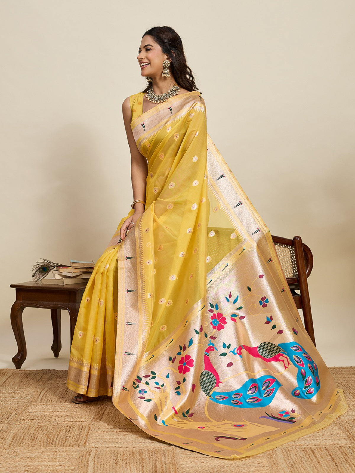 Dwija Fashion Yellow Wedding Wear Paithani Silk Jari Weaving On All Over Saree With Unstitched Blouse - Dista