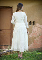 Thumbnail for Kaajh Women's White Floral Embroidered Cotton Ethnic Dress - Distacart