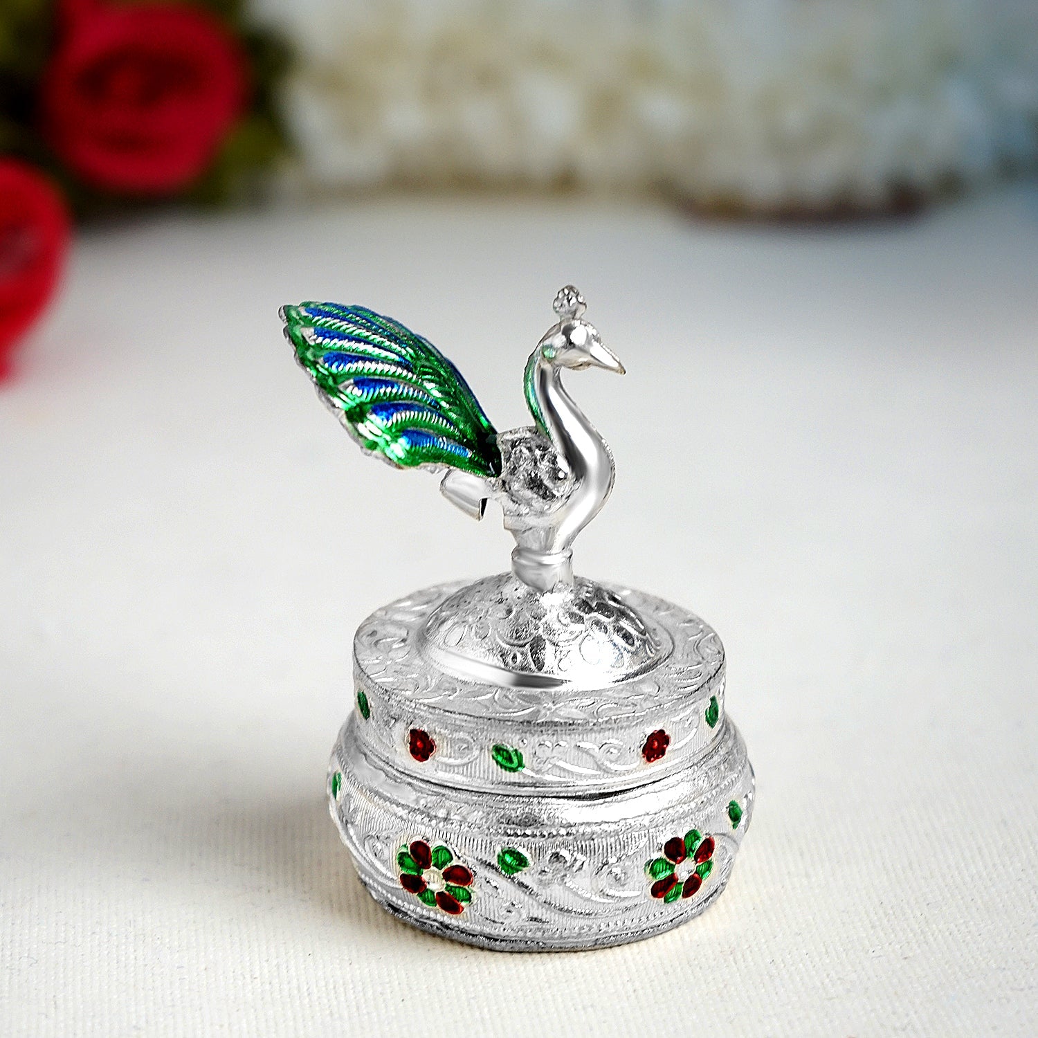 Sri Rudra German Silver peacok Dibbl Full Mena 45g(SR 02737) - Distacart