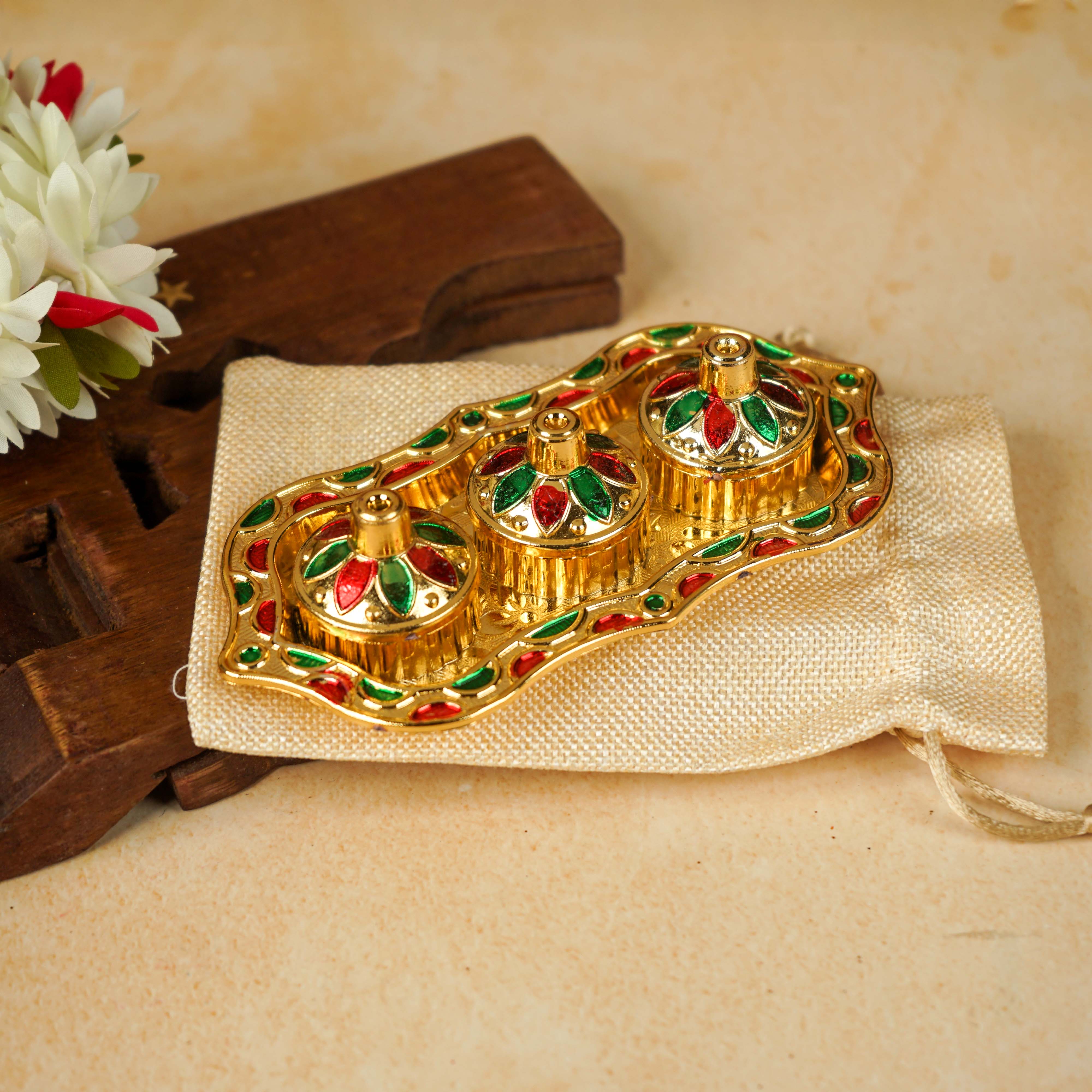 Sri Rudra Fiber Gold Kumkum Haldi Chandan Tray (SR 01962) - Distacart