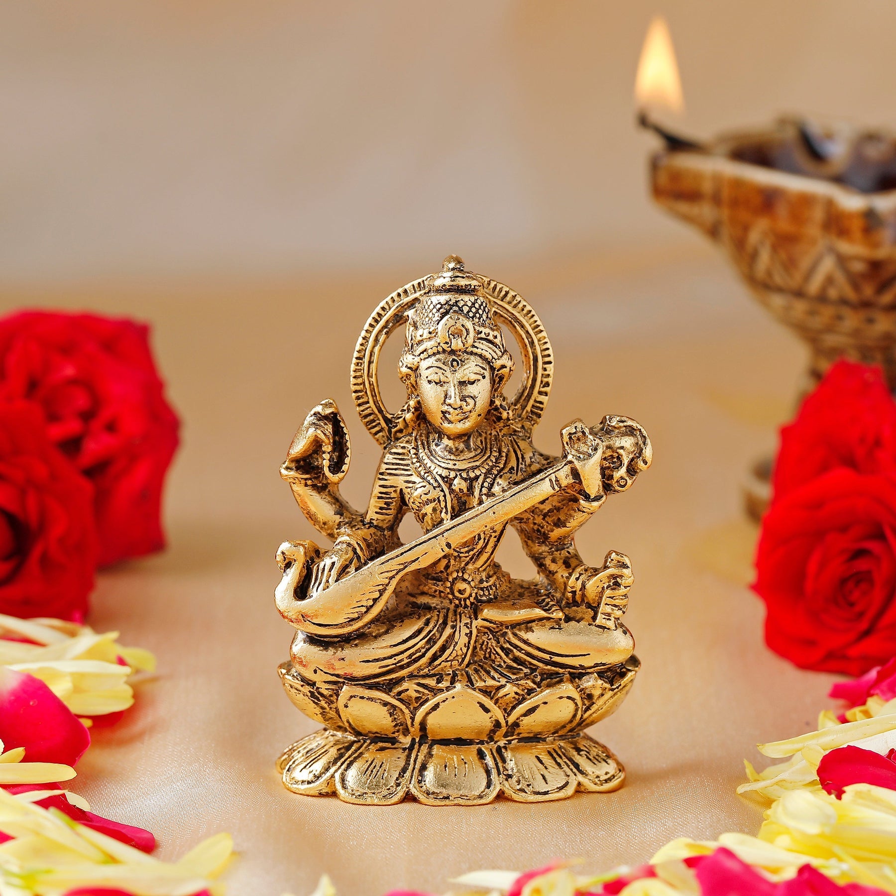 Estele Gold-Polished Goddess of Knowledge Sarasavti Ma Idol for Home & Car decor - Distacart