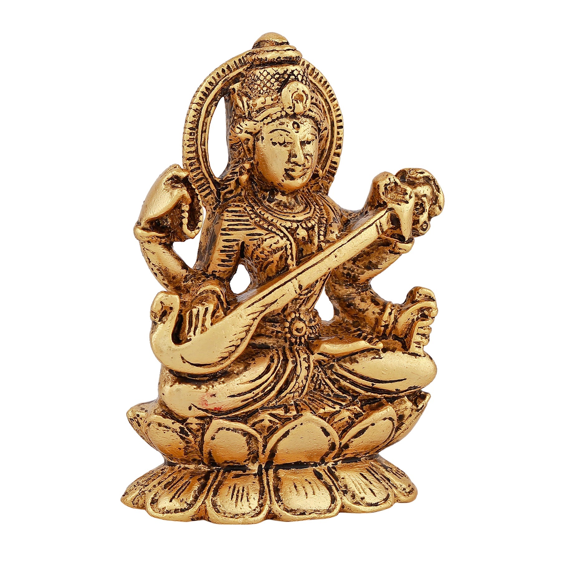 Estele Gold-Polished Goddess of Knowledge Sarasavti Ma Idol for Home & Car decor