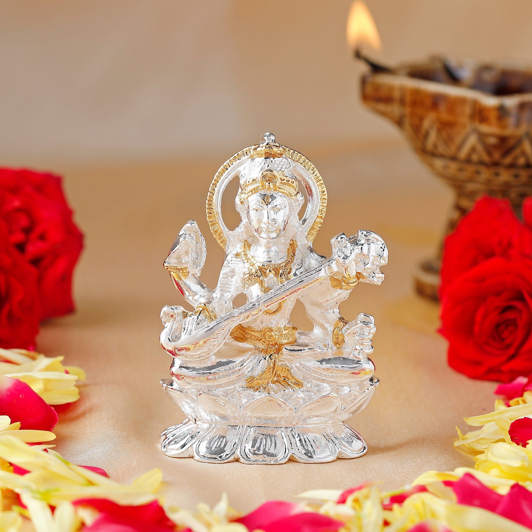 Estele Gold-Polished Goddess of Knowledge Sarasavti Ma Idol for Pooja & Car decor - Distacart