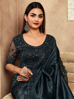 Thumbnail for NOZ2TOZ Women's Satin Silk Black Embellished Designer Saree With Blouse Piece - Distacart