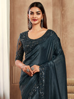Thumbnail for NOZ2TOZ Women's Satin Silk Black Embellished Designer Saree With Blouse Piece - Distacart