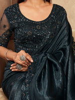 Thumbnail for NOZ2TOZ Women's Satin Silk Black Embellished Designer Saree With Blouse Piece - Distacart