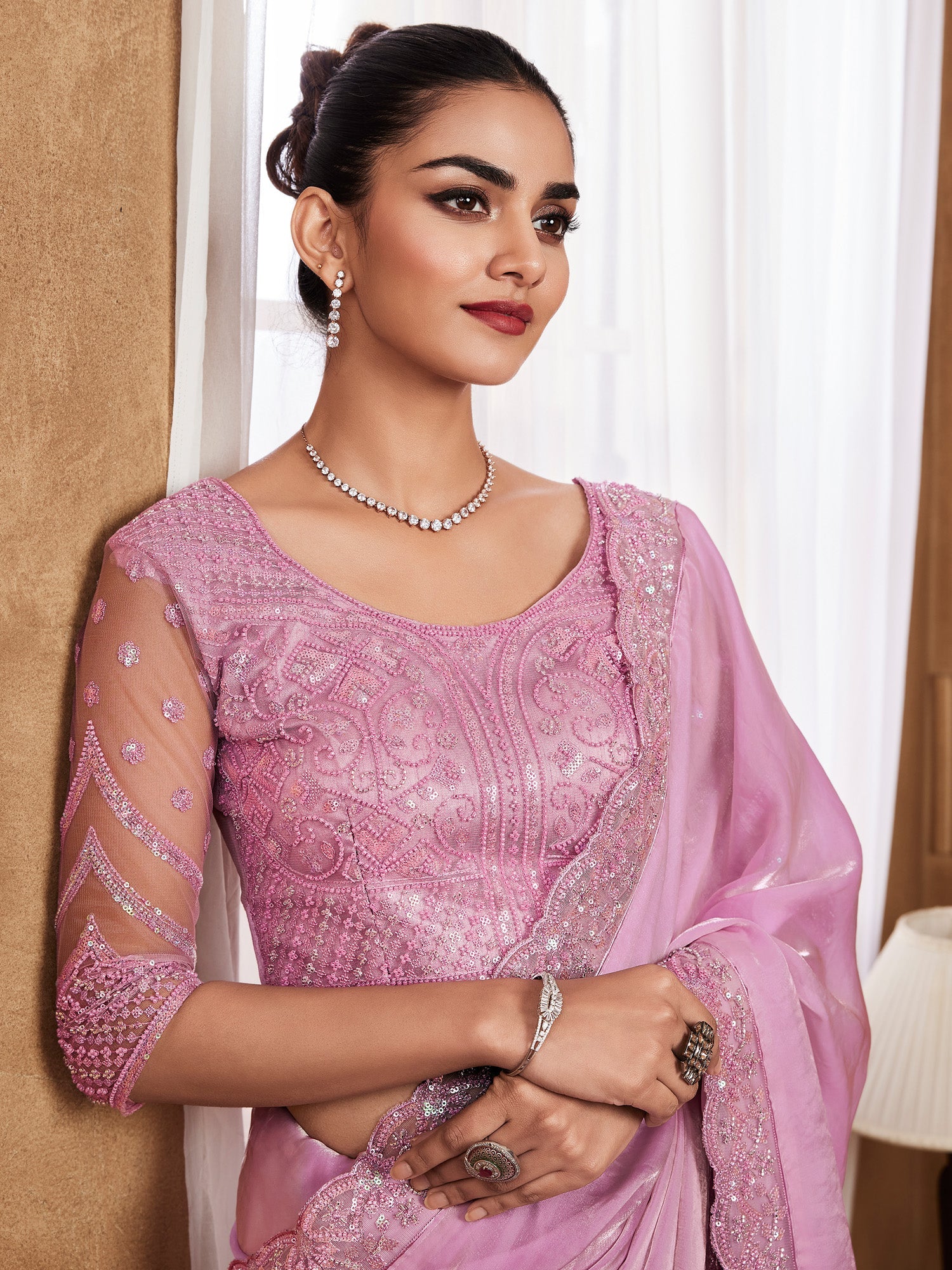 NOZ2TOZ Women's Satin Silk Pink Embellished Designer Saree With Blouse Piece - Distacart