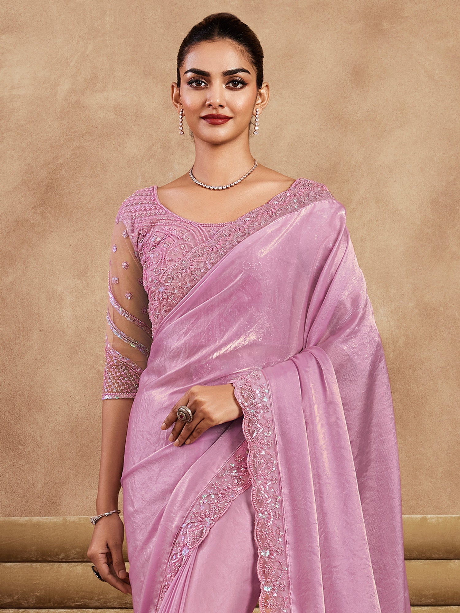 NOZ2TOZ Women's Satin Silk Pink Embellished Designer Saree With Blouse Piece - Distacart