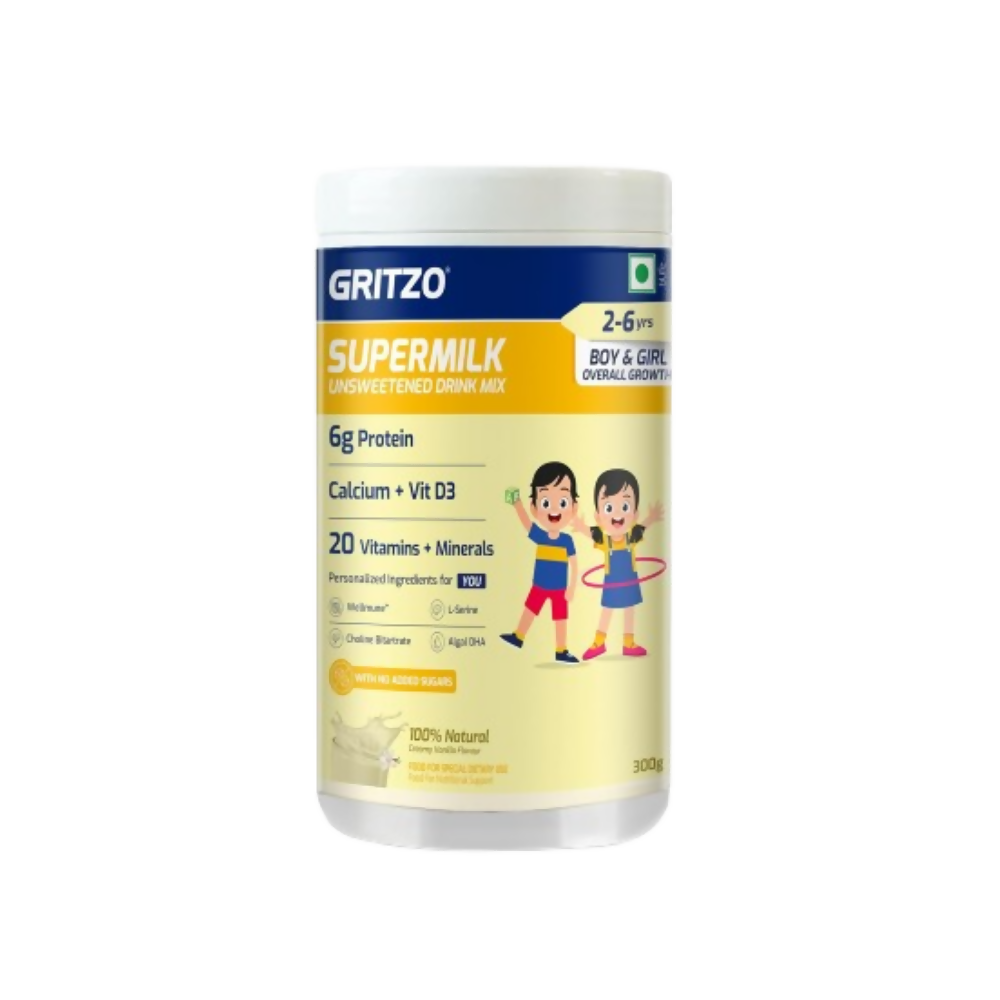 Gritzo SuperMilk Overall Growth (2-6y Boy & Girl) Unsweetened Drink Mix 6g Protein Powder Creamy Vanilla - Distacart