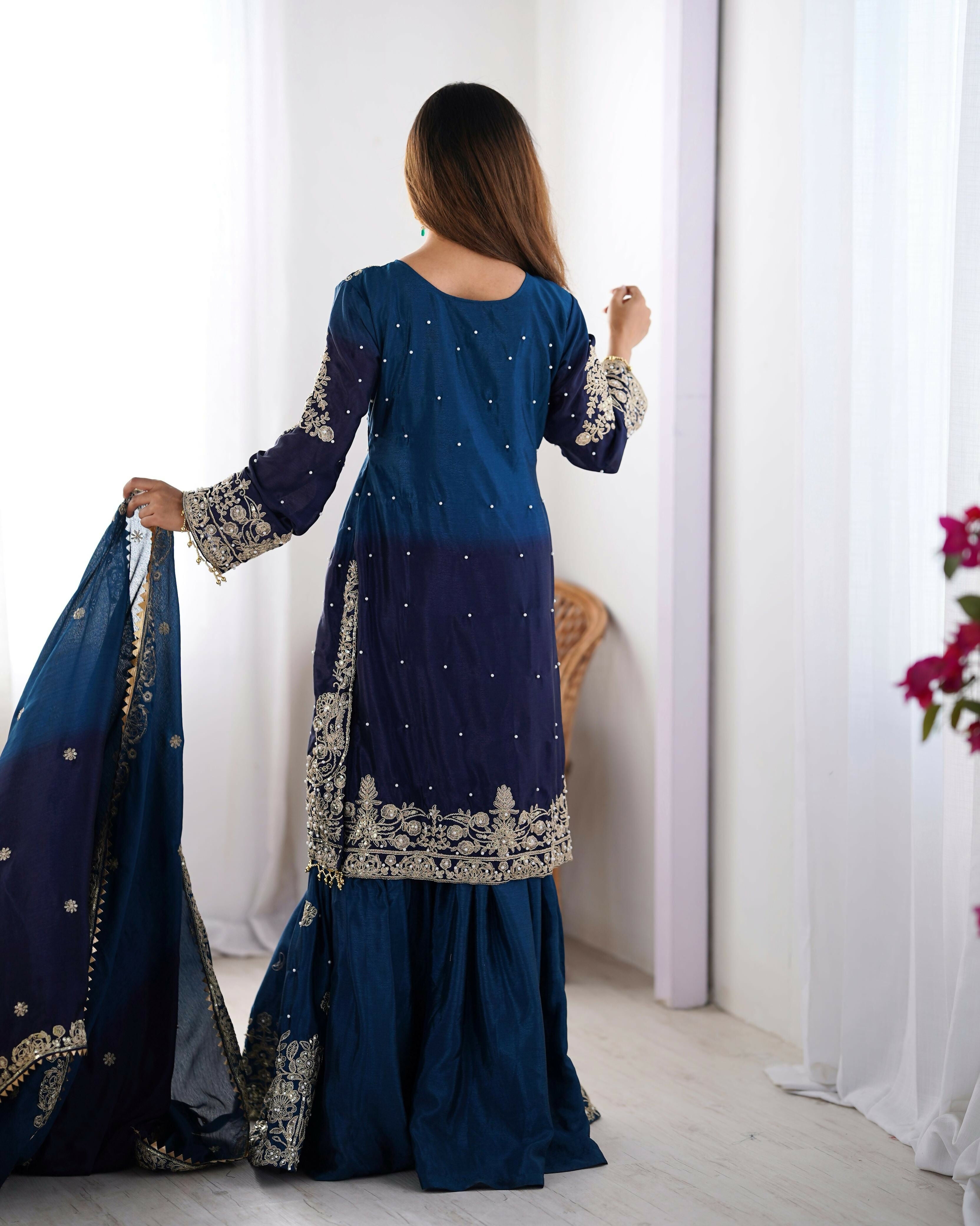 Joban Fashion Blue Palazzo Chinon silk Coding Dori with Sequence with Rivet Moti