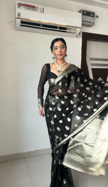 Malishka litchi Silk Jacquard Ready To Wear Saree With Blouse Piece - Black - Distacart