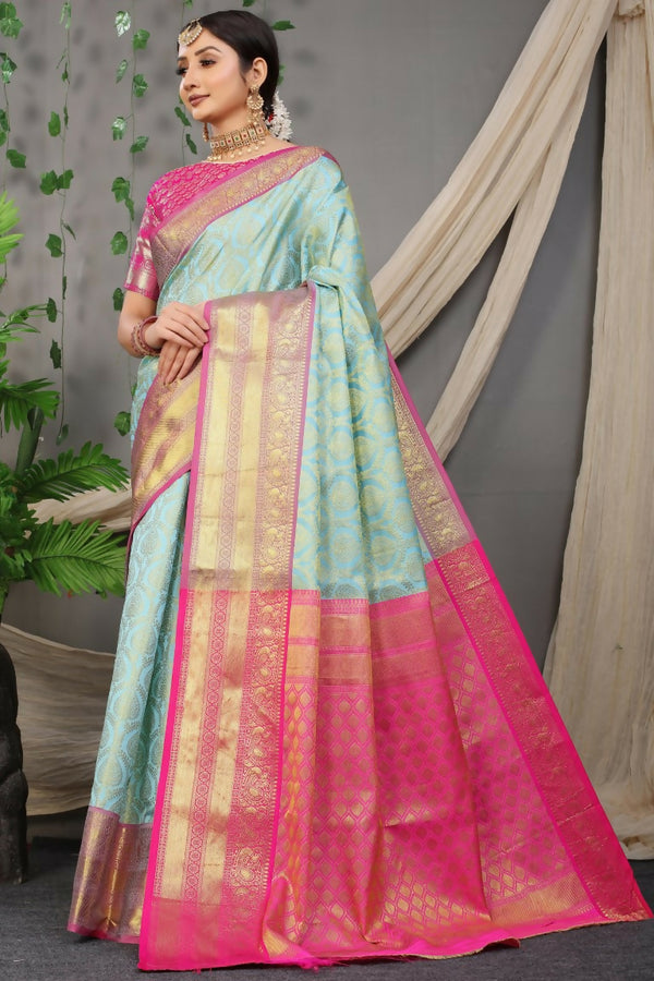 Jyoti Fashion Women's Sky Blue Kanjivaram Silk Zari Woven Saree with Blouse - Distacart