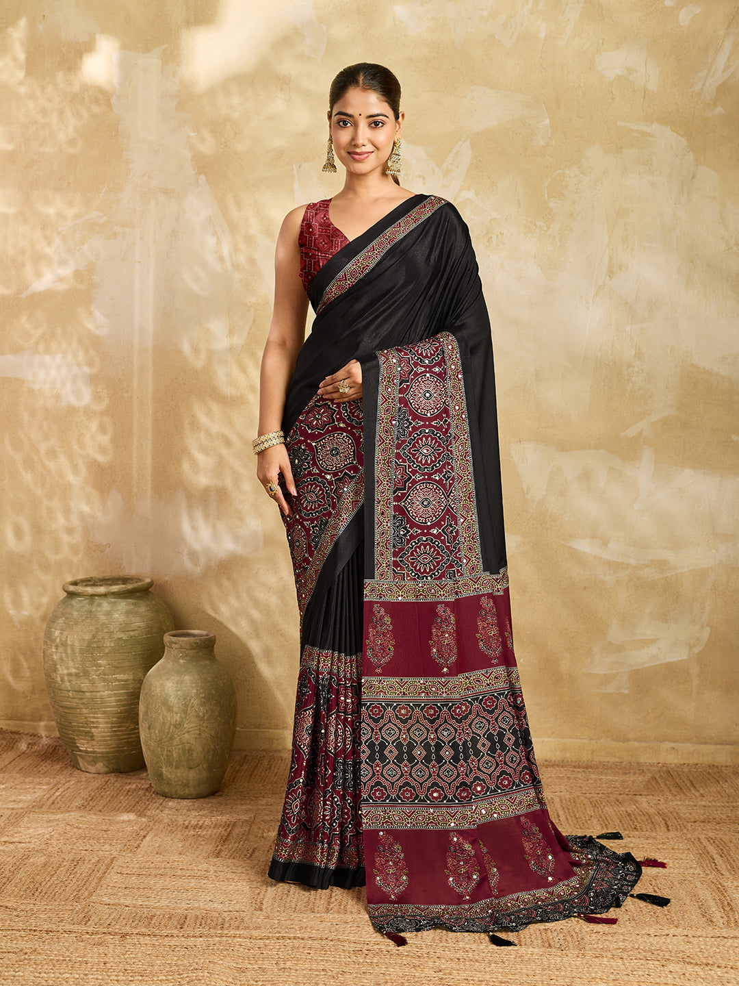 Dwija Fashion Black Printed Chinon Floral Saree With Blouse