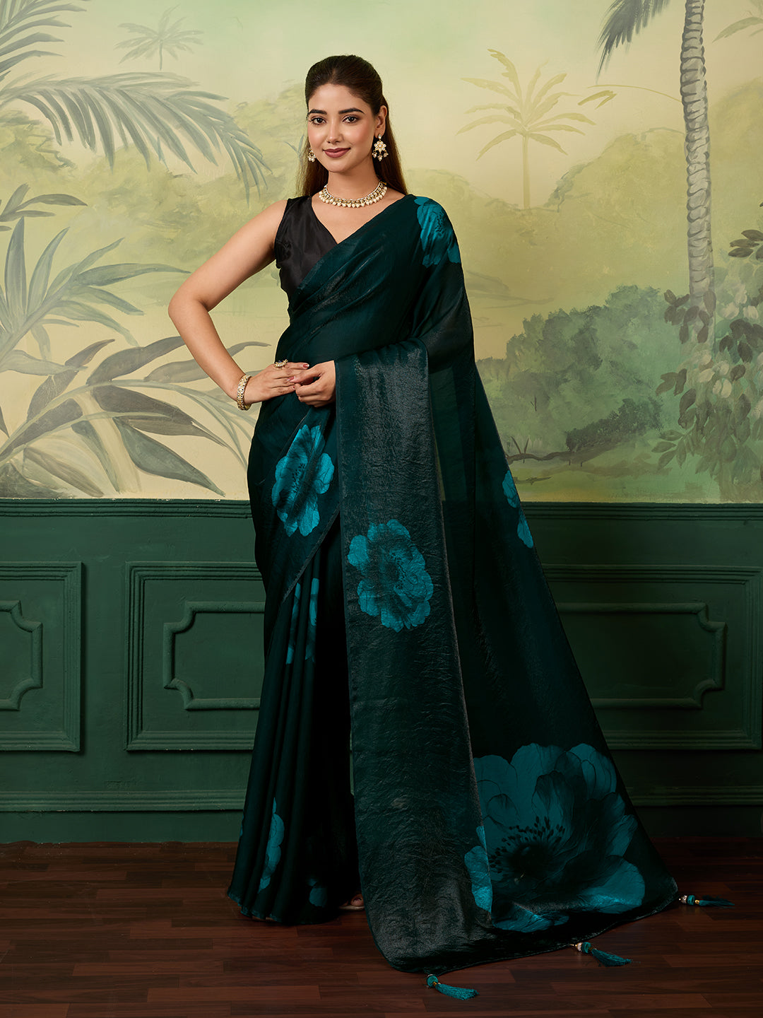 Dwija Fashion Teal Blue Digital Print Satin Silk Saree With Blouse