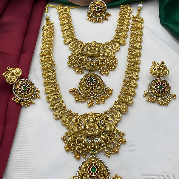 Jewel City Royal Temple Design Lakshmi Kaasu Mala Set with Chandbali Earrings & Tikka - Distacart