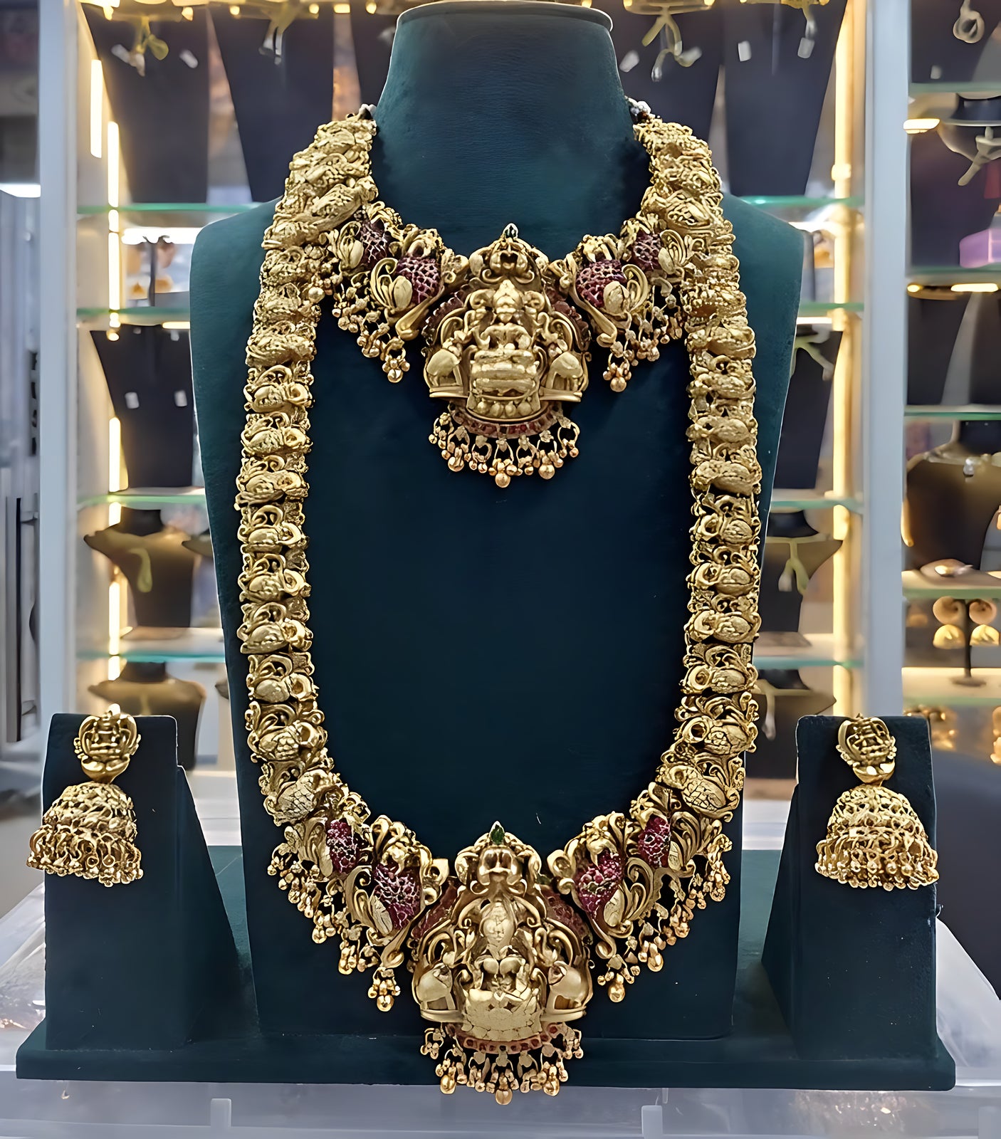 Jewel City Traditional Temple Design Gold-Plated Lakshmi Long Necklace Jhumka Earrings Antique South Indian Bridal Jewelry Set