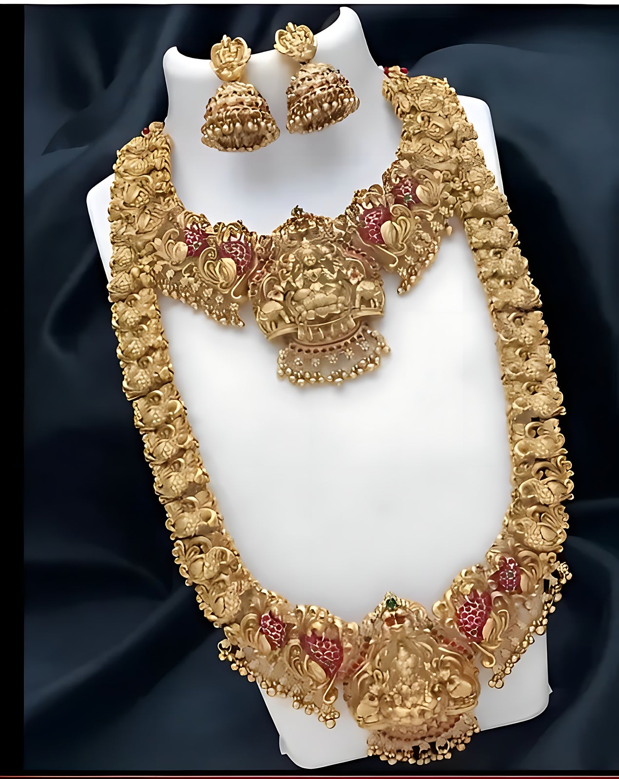 Jewel City Traditional Temple Design Gold-Plated Lakshmi Long Necklace Jhumka Earrings Antique South Indian Bridal Jewelry Set
