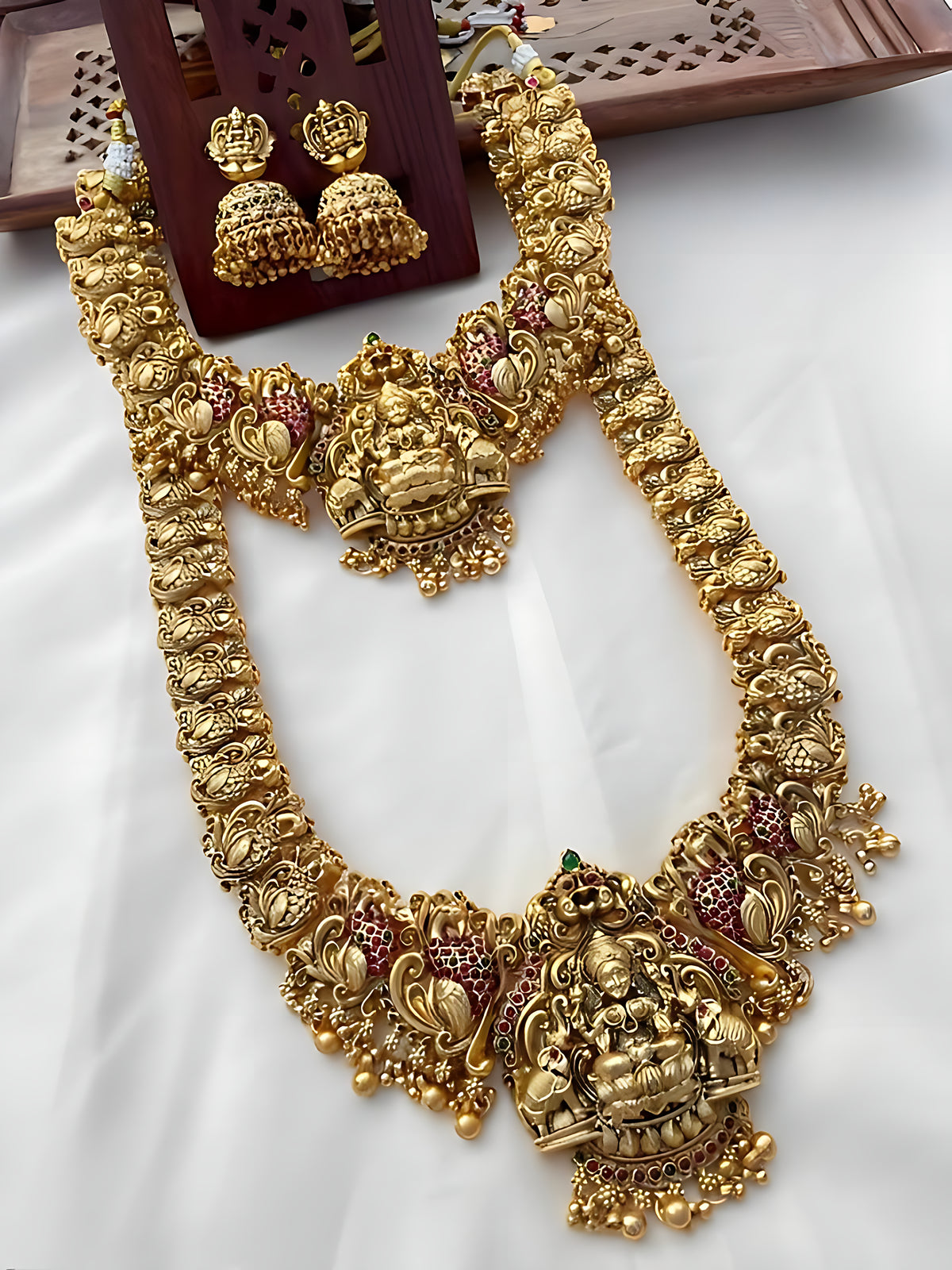 Jewel City Traditional Temple Design Gold-Plated Lakshmi Long Necklace Jhumka Earrings Antique South Indian Bridal Jewelry Set