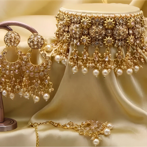 Jewel City Luxurious Kundan Choker Necklace Set with Pearl Drops - Bridal Indian Jewelry Collection