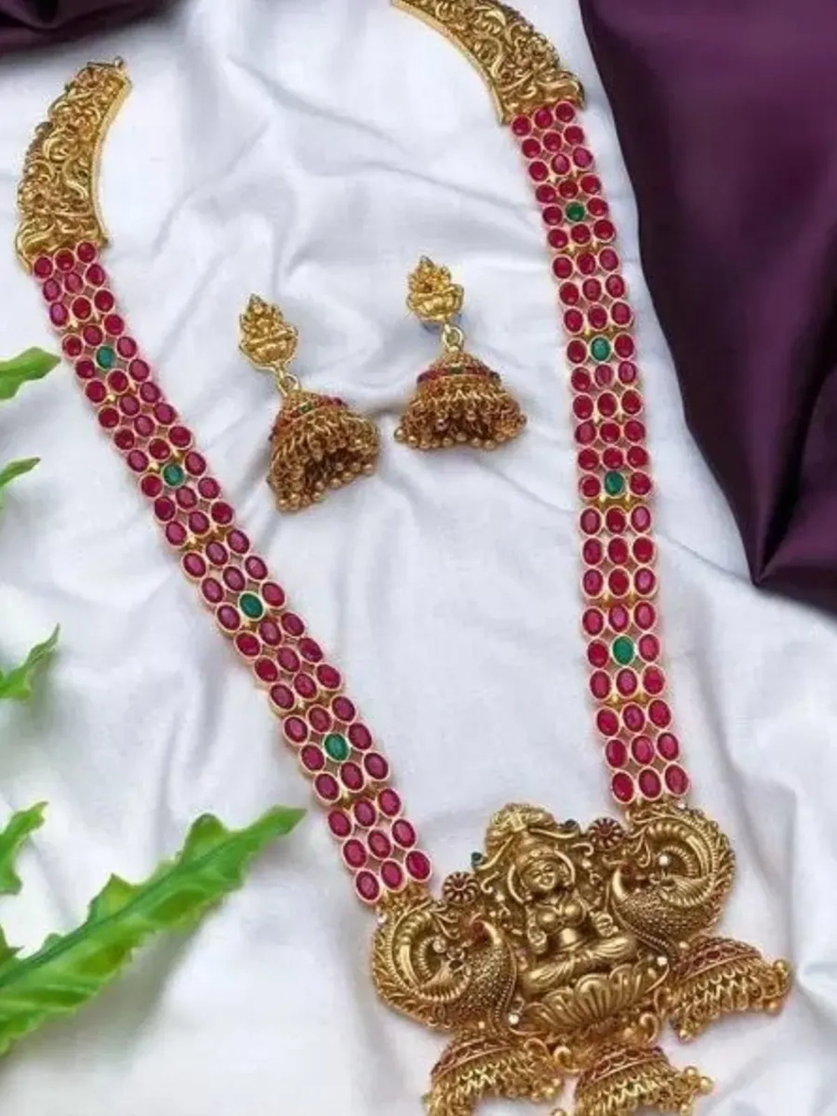 Jewel City Traditional Lakshmi Temple Jewellery Set - Antique Red Green Stone Long Necklace with Jhumka Earrings - Distacart