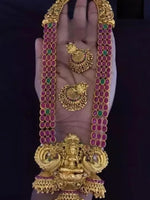 Thumbnail for Jewel City Traditional Lakshmi Temple Jewellery Set - Antique Red Green Stone Long Necklace with Jhumka Earrings