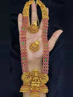 Thumbnail for Jewel City Traditional Lakshmi Temple Jewellery Set - Antique Red Green Stone Long Necklace with Jhumka Earrings