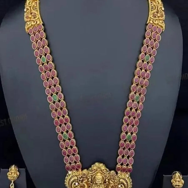 Jewel City Traditional Lakshmi Temple Jewellery Set - Antique Red Green Stone Long Necklace with Jhumka Earrings - Distacart