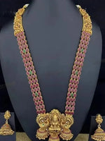Thumbnail for Jewel City Traditional Lakshmi Temple Jewellery Set - Antique Red Green Stone Long Necklace with Jhumka Earrings