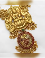 Thumbnail for Jewel City Antique Gold Lakshmi Temple Necklace Set - Traditional Kemp Ruby Long Haram with Designer Jhumkas