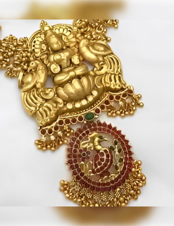 Jewel City Antique Gold Lakshmi Temple Necklace Set - Traditional Kemp Ruby Long Haram with Designer Jhumkas
