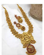 Thumbnail for Jewel City Antique Gold Lakshmi Temple Necklace Set - Traditional Kemp Ruby Long Haram with Designer Jhumkas