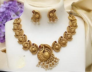 Jewel City Exquisite Gold Peacock Necklace Set with Pearl Accents