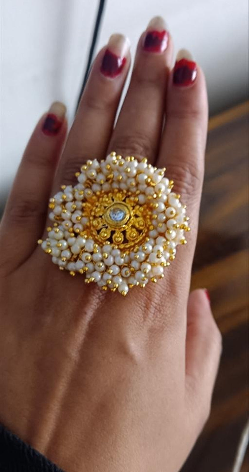 Jewel City Elegant Floral Pearl Statement Ring - Handcrafted Gold-Plated Traditional Indian Adjustable Ring