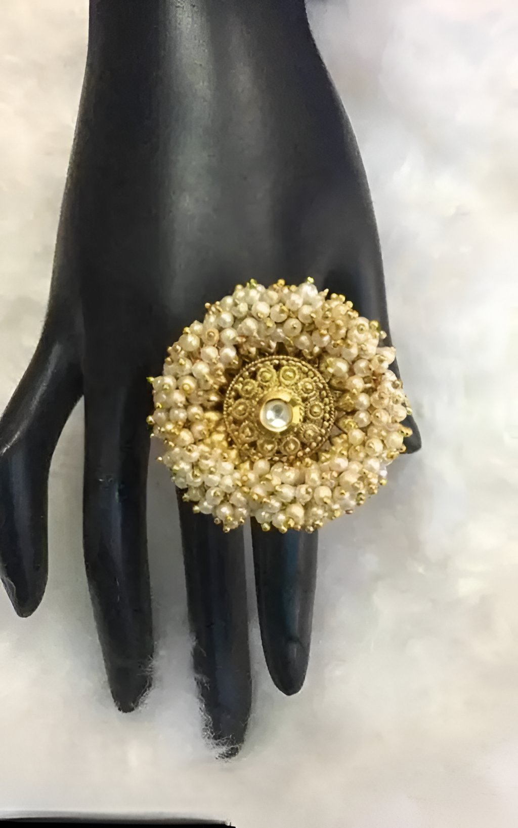 Jewel City Elegant Floral Pearl Statement Ring - Handcrafted Gold-Plated Traditional Indian Adjustable Ring
