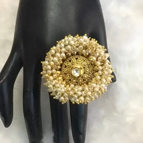 Jewel City Elegant Floral Pearl Statement Ring - Handcrafted Gold-Plated Traditional Indian Adjustable Ring - Distacart