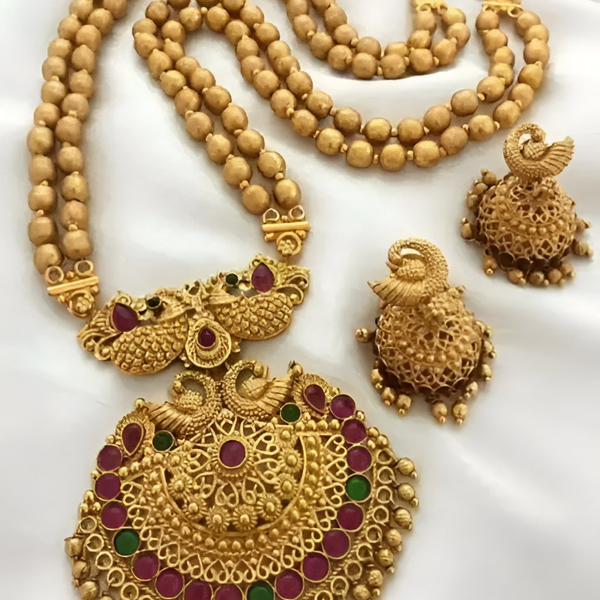 Jewel City Antique Gold-Plated Temple Necklace Set – Peacock & Kemp Stone Design - Distacart