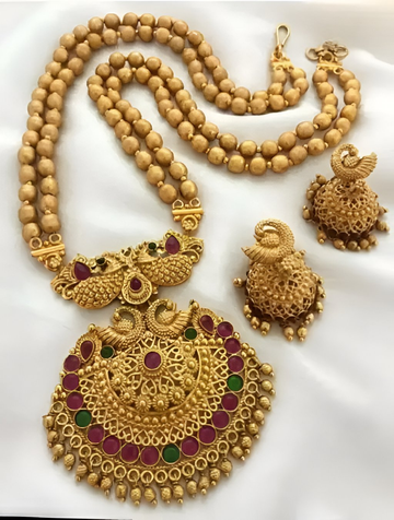 Jewel City Antique Gold-Plated Temple Necklace Set – Peacock & Kemp Stone Design - Distacart