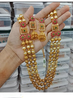 Thumbnail for Jewel City Elegant Multi-Strand Gold Bead Temple Necklace Set with Floral Ruby-Emerald - Traditional South Indian Style Jewelry