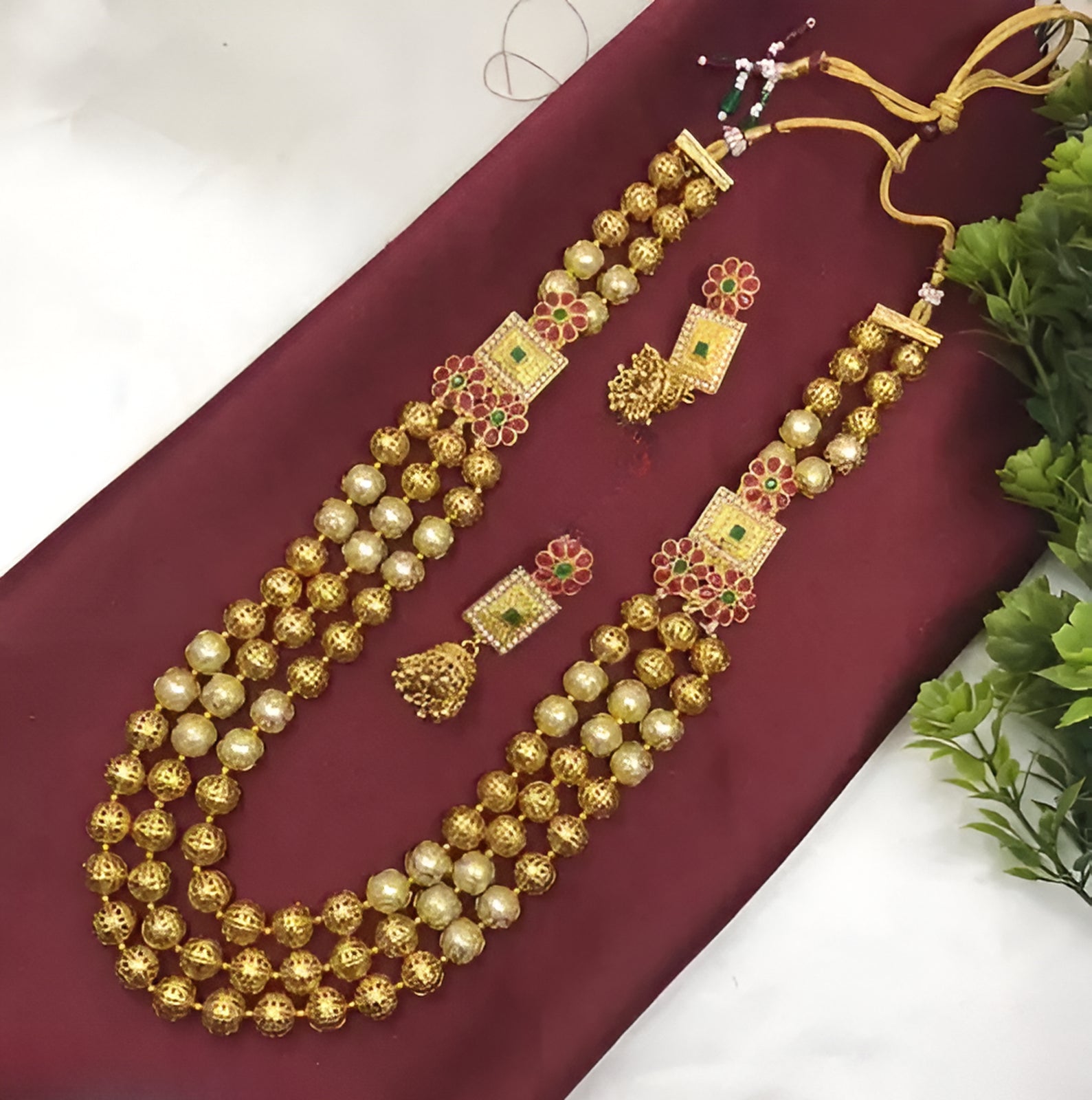 Jewel City Elegant Multi-Strand Gold Bead Temple Necklace Set with Floral Ruby-Emerald - Traditional South Indian Style Jewelry