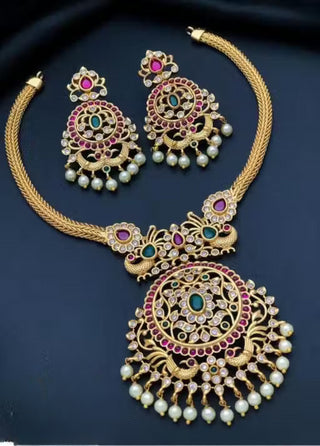 Jewel City Elegant Peacock Temple Jewelry Set – Premium Antique Finish with Pearl Drops