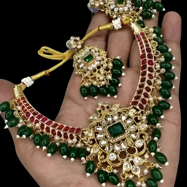 Jewel City Royal Kundan Choker Necklace Set – Gold-Plated Bridal Jewelry with Emerald & Ruby Beads - Distacart