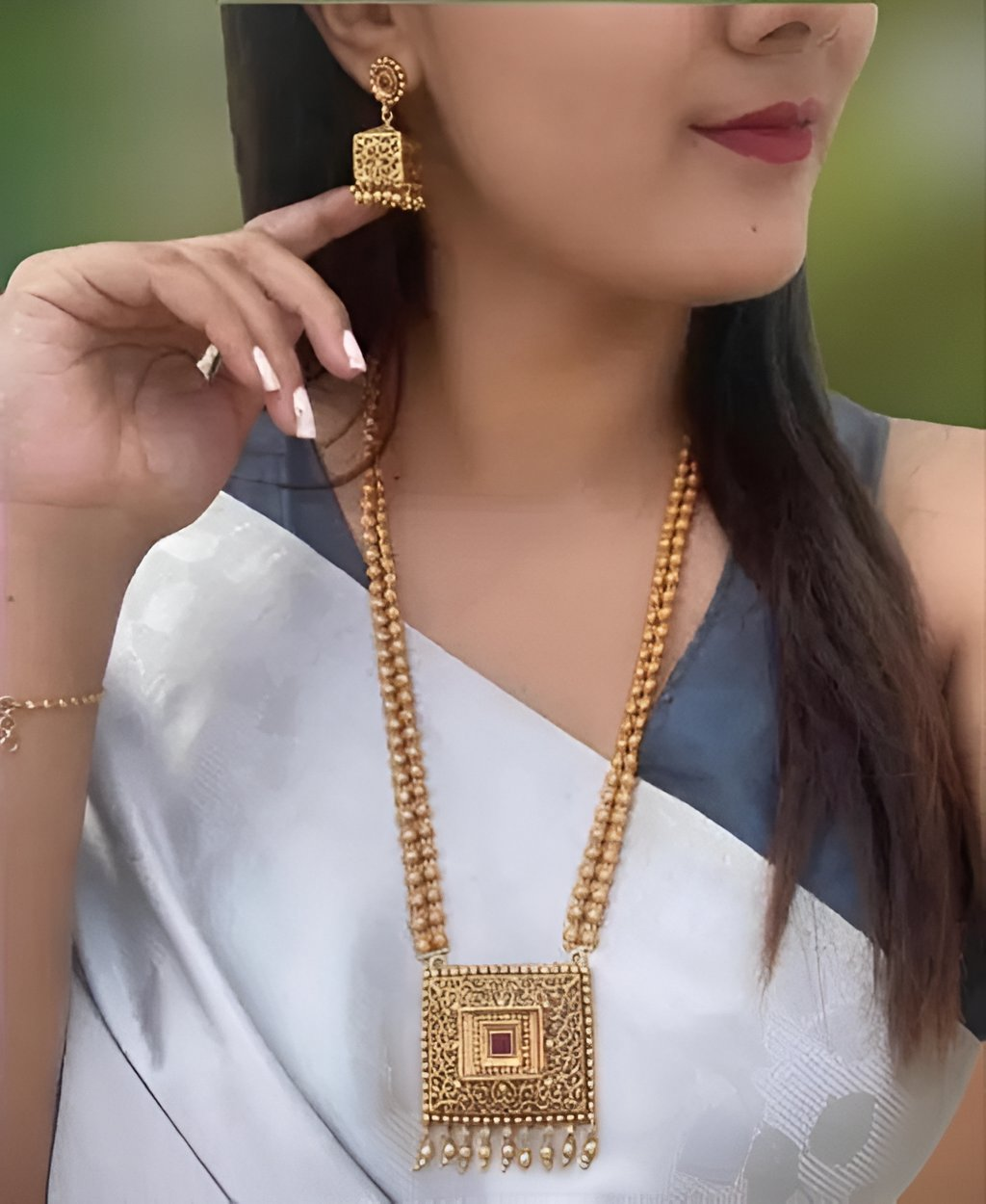 Jewel City Antique Gold-Plated Filigree Necklace Set – Traditional Long Haram with Ruby Accent