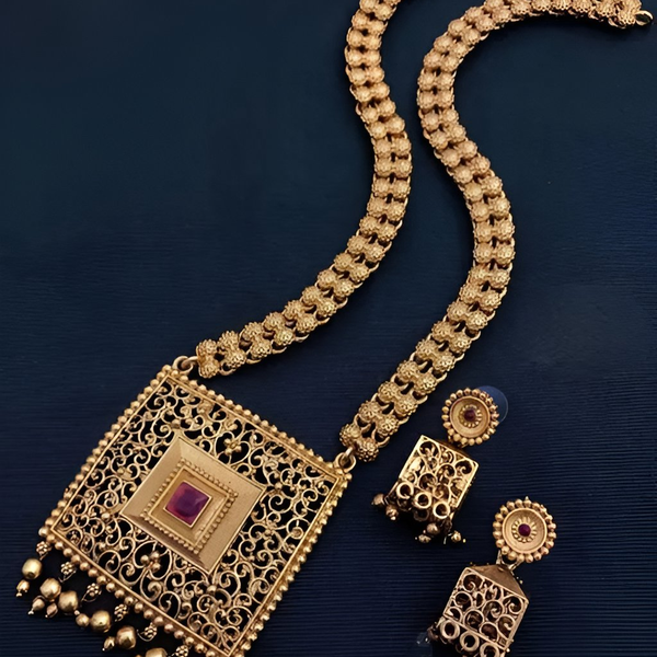 Jewel City Antique Gold-Plated Filigree Necklace Set – Traditional Long Haram with Ruby Accent - Distacart