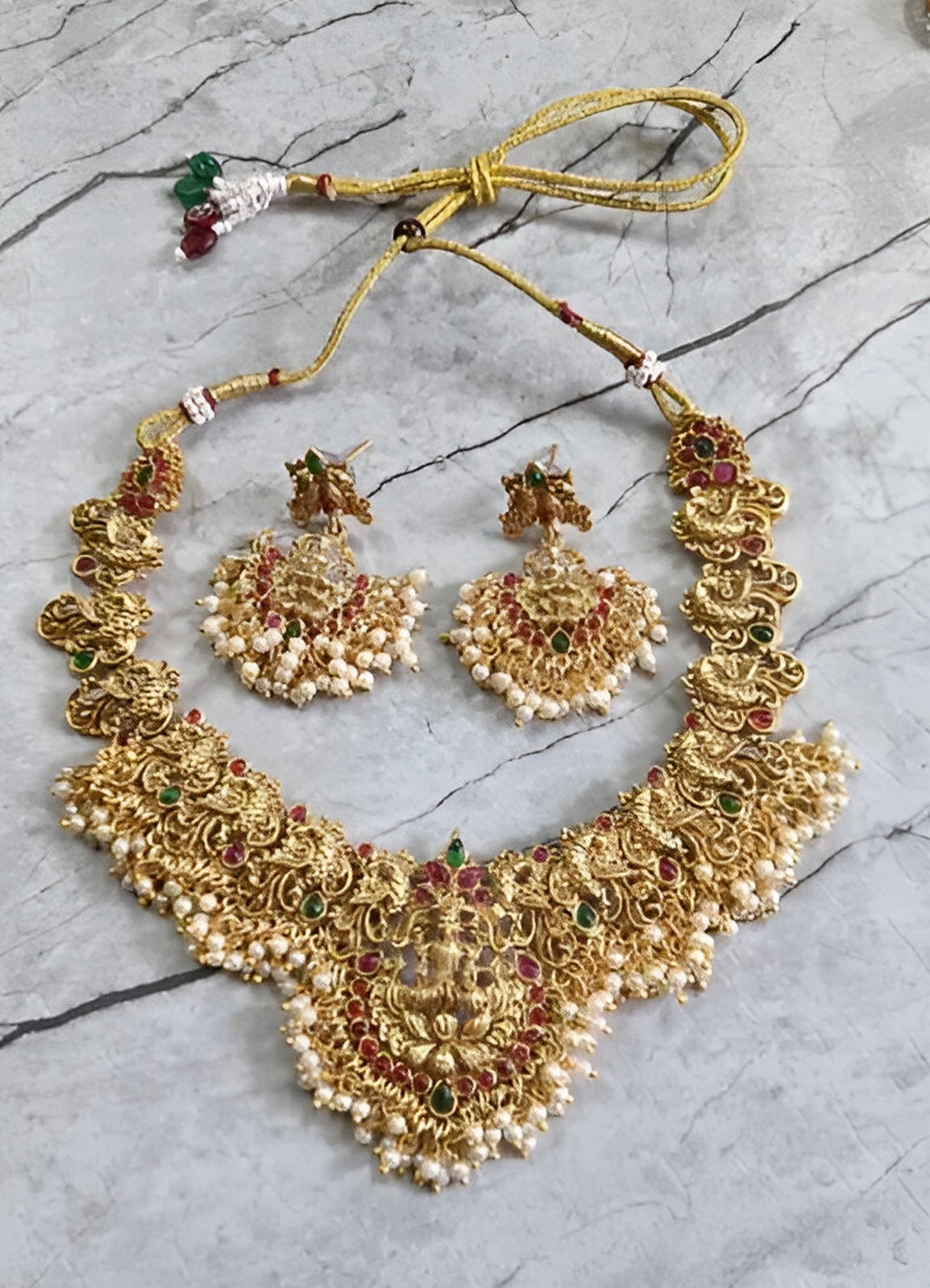 Jewel City Traditional Lakshmi Temple Necklace Set – Gold-Plated Bridal Jewelry with Pearls & Kemp Stones