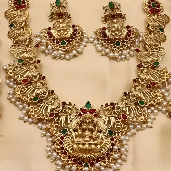 Jewel City Traditional Lakshmi Temple Necklace Set – Gold-Plated Bridal Jewelry with Pearls & Kemp Stones - Distacart