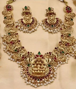 Jewel City Traditional Lakshmi Temple Necklace Set – Gold-Plated Bridal Jewelry with Pearls & Kemp Stones