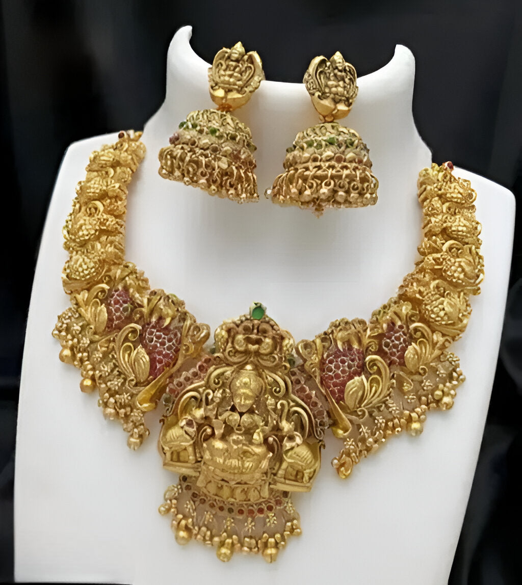 Jewel City Bridal Lakshmi Temple Necklace Set – Gold-Plated Ethnic Jewelry with Jhumka Earrings