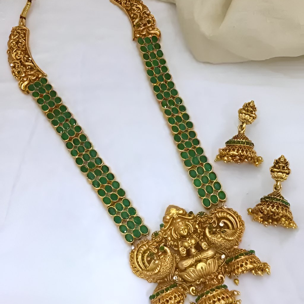 Jewel City Lakshmi Temple Haaram Necklace Set – Gold-Plated with Green Stones - Distacart