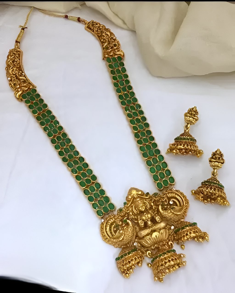 Jewel City Lakshmi Temple Haaram Necklace Set – Gold-Plated with Green Stones